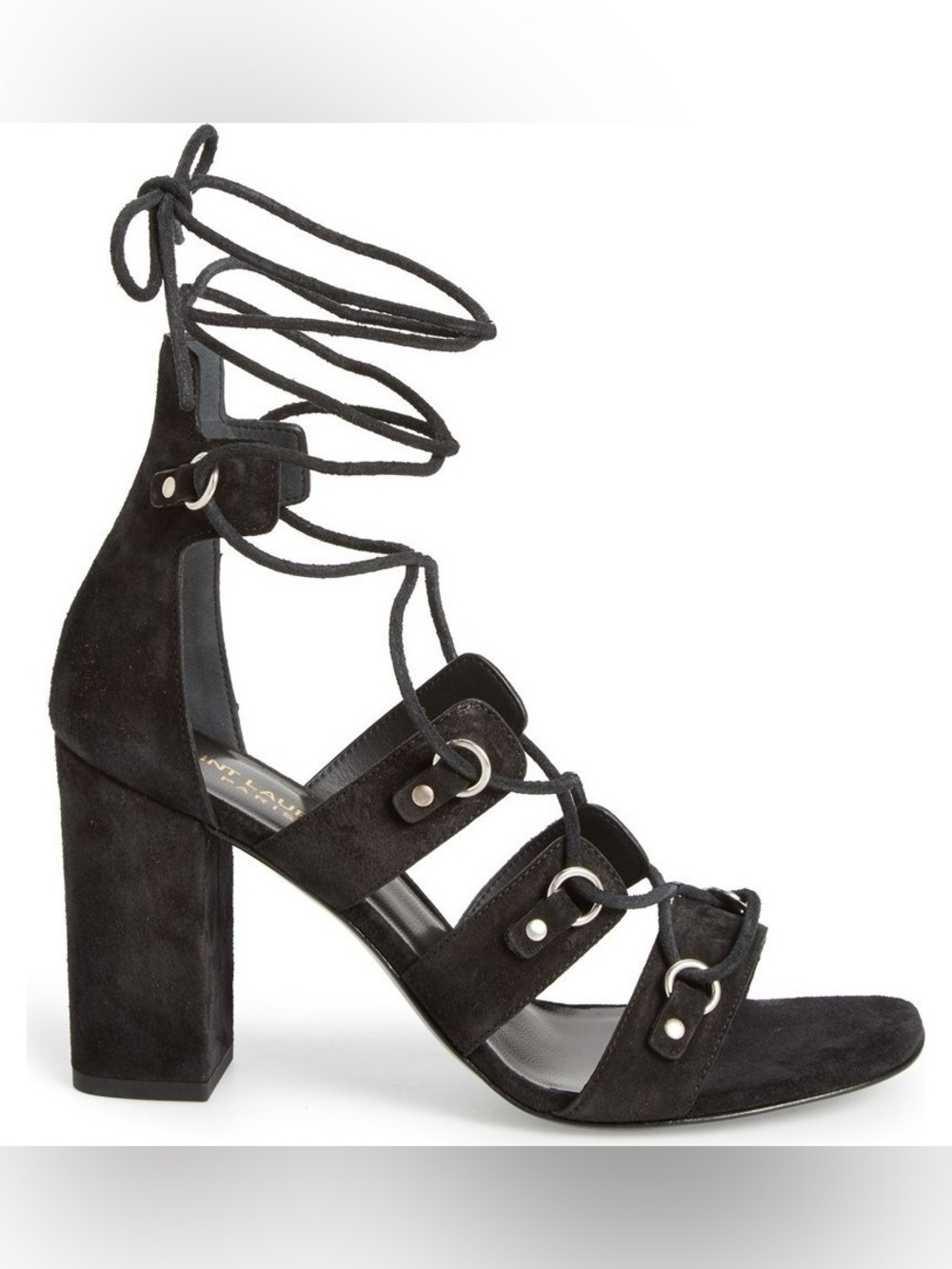 SAINT LAURENT Black Suede BABIES Cage Lace Up Block Heel Sandal Shoe 40.5